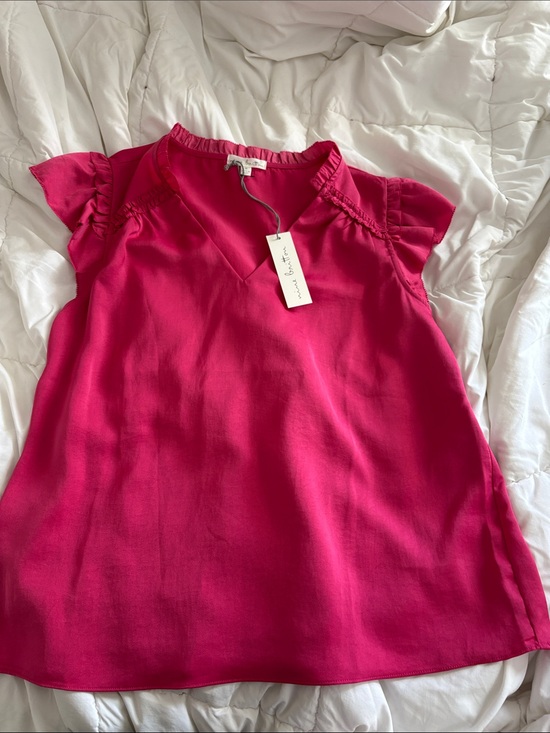 nine britton Tops - Nine Britton Women's Fuchsia Ruffle-Sleeve V-Neck Blouse